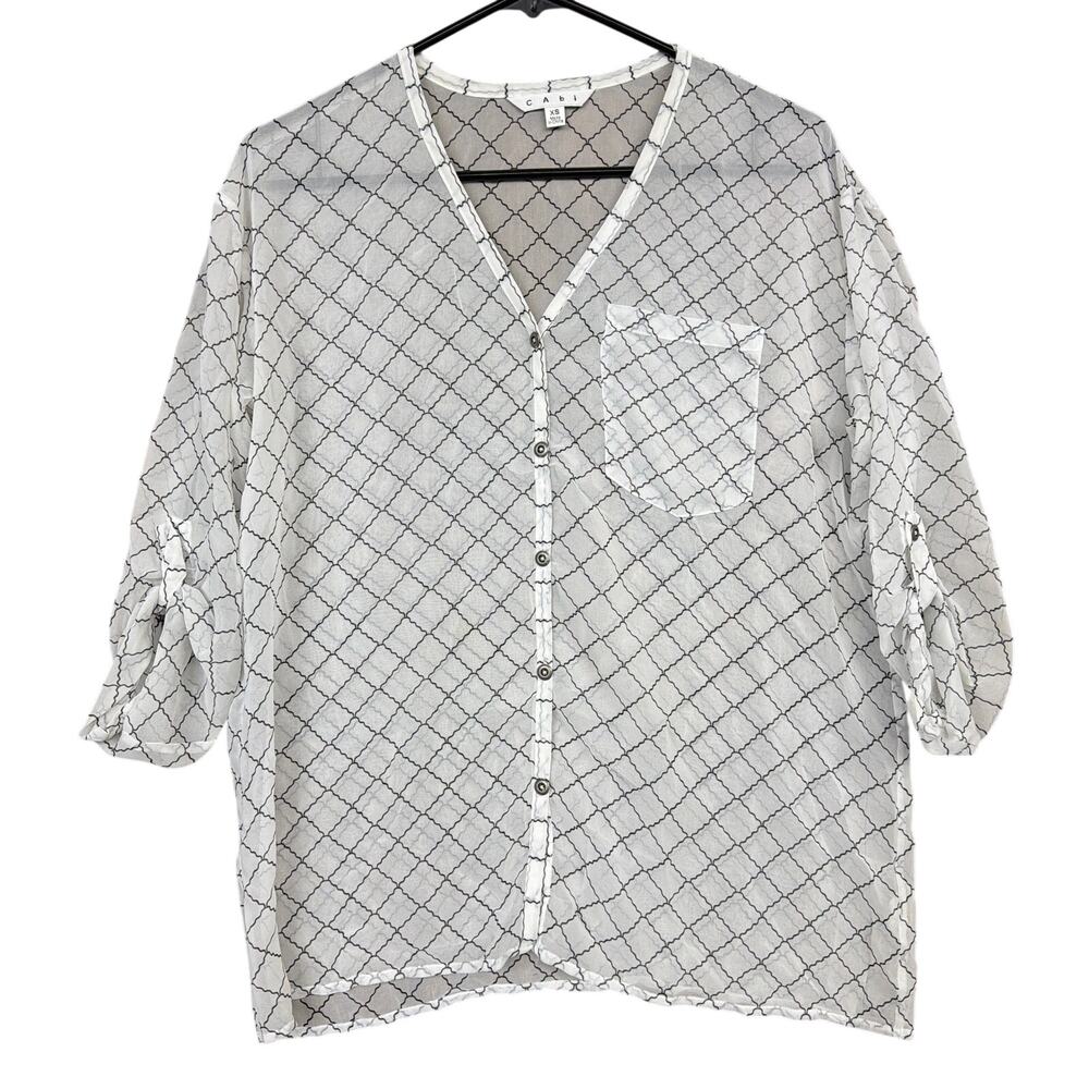 Cabi Womens Blouse White Black Diamond Sheer Roll Tab V Neck Button Down XS